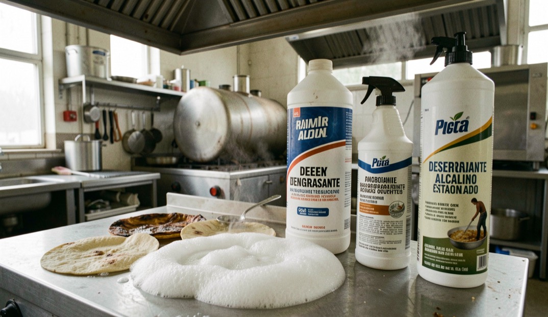 Productos para cocinas industriales y grasas quemadas: representative view of desengrasante alcalino with espuma controlada nearby