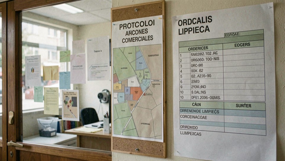Protocolo por zonas para oficinas y locales comerciales: representative view of mapa de superficies beside orden de limpieza