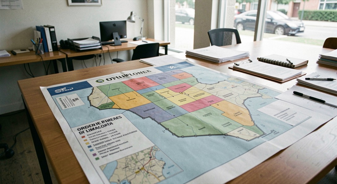Protocolo por zonas para oficinas y locales comerciales: wide editorial view of mapa de superficies with orden de limpieza clearly visible